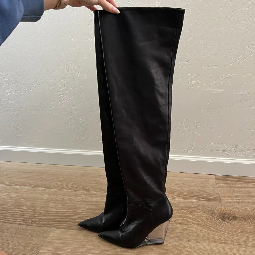 Stuart Weitzman Black Leather Lucite Wedge Over the Knee Boots
